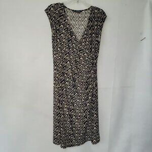 Lauren Ralph Lauren Dress Large Black Beige Diamond Print Sleeveless Ruched